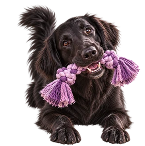 Schwarzer Hund spielt mit lila Spieltau