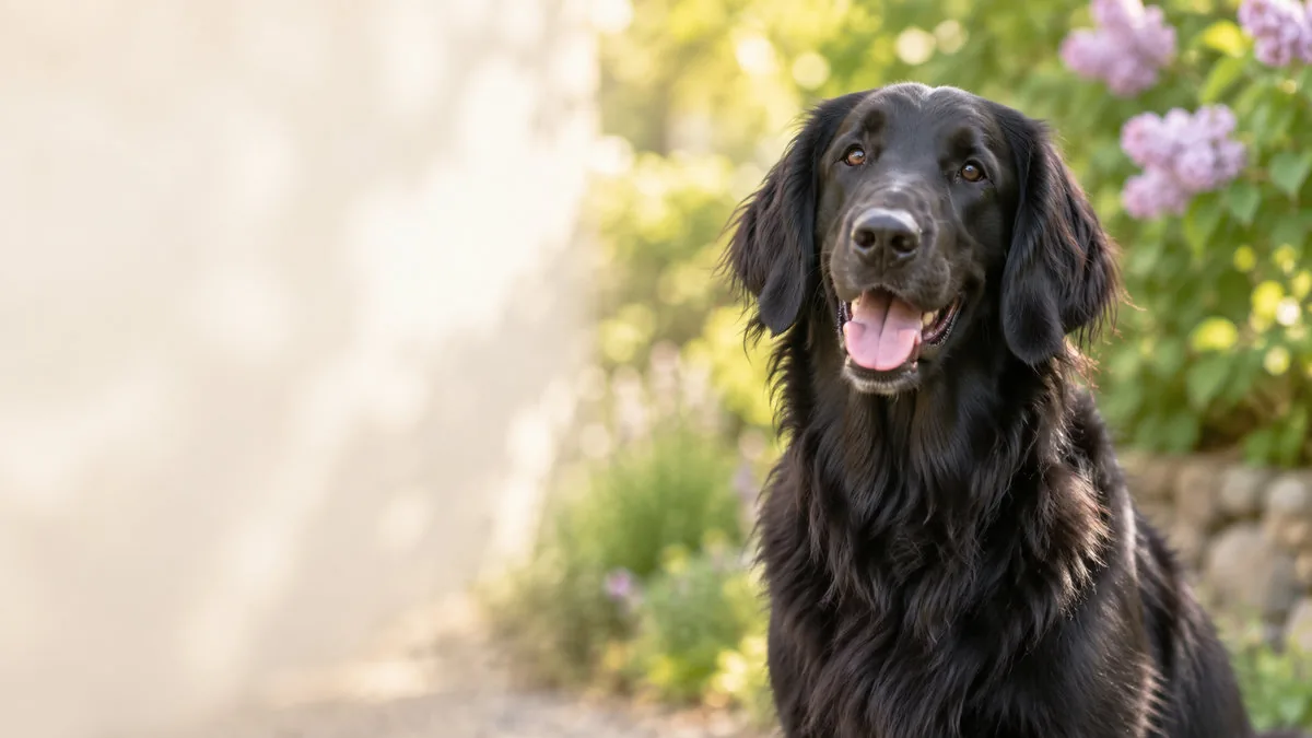 Schwarzer Flat-Coated Retriever im sonnigen Garten
