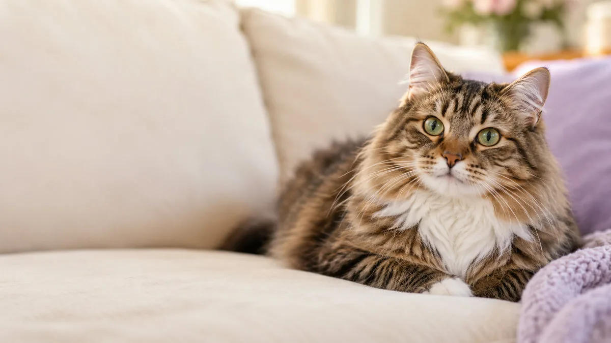 Getigerte Katze mit weißer Brust auf cremefarbenem Sofa