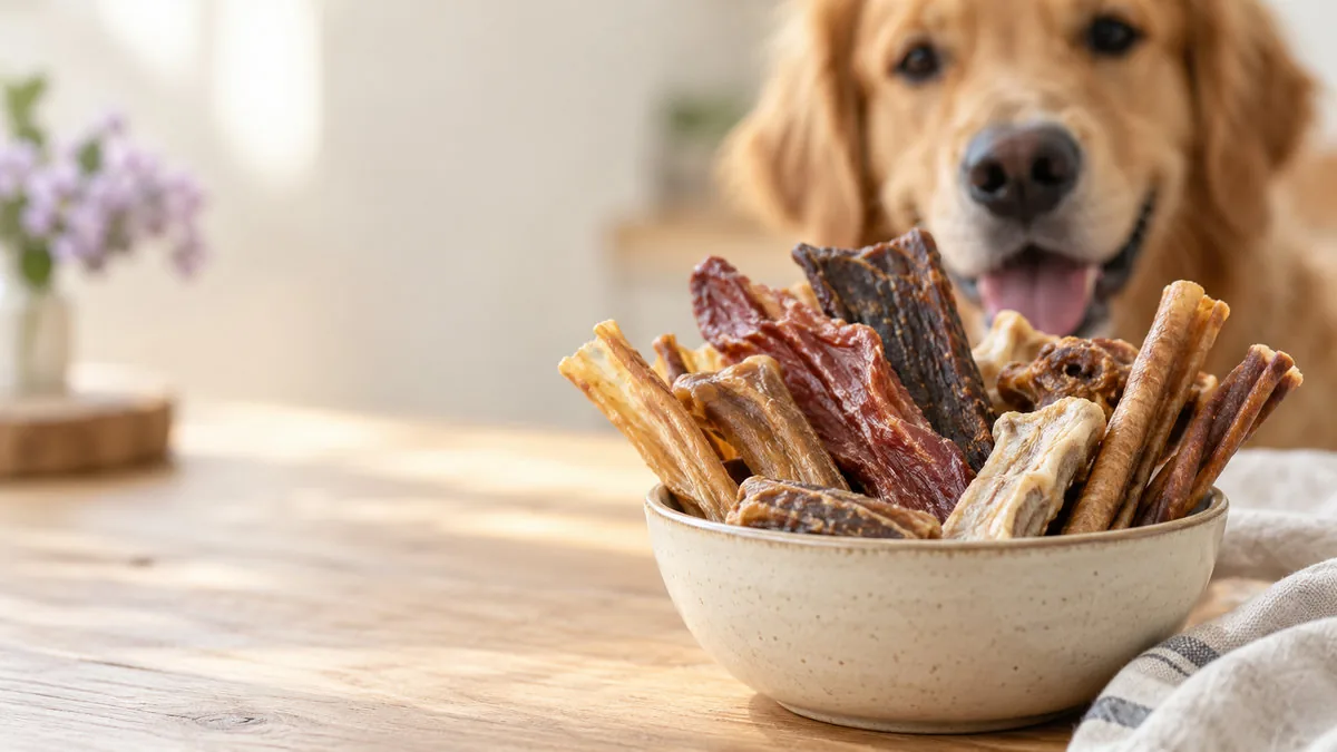 Leckerlis in einer Keramikschale mit Golden Retriever im Hintergrund