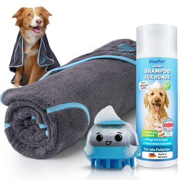 BluePet Bade-Set mit Hundehandtuch, Shampoo & Badebürste