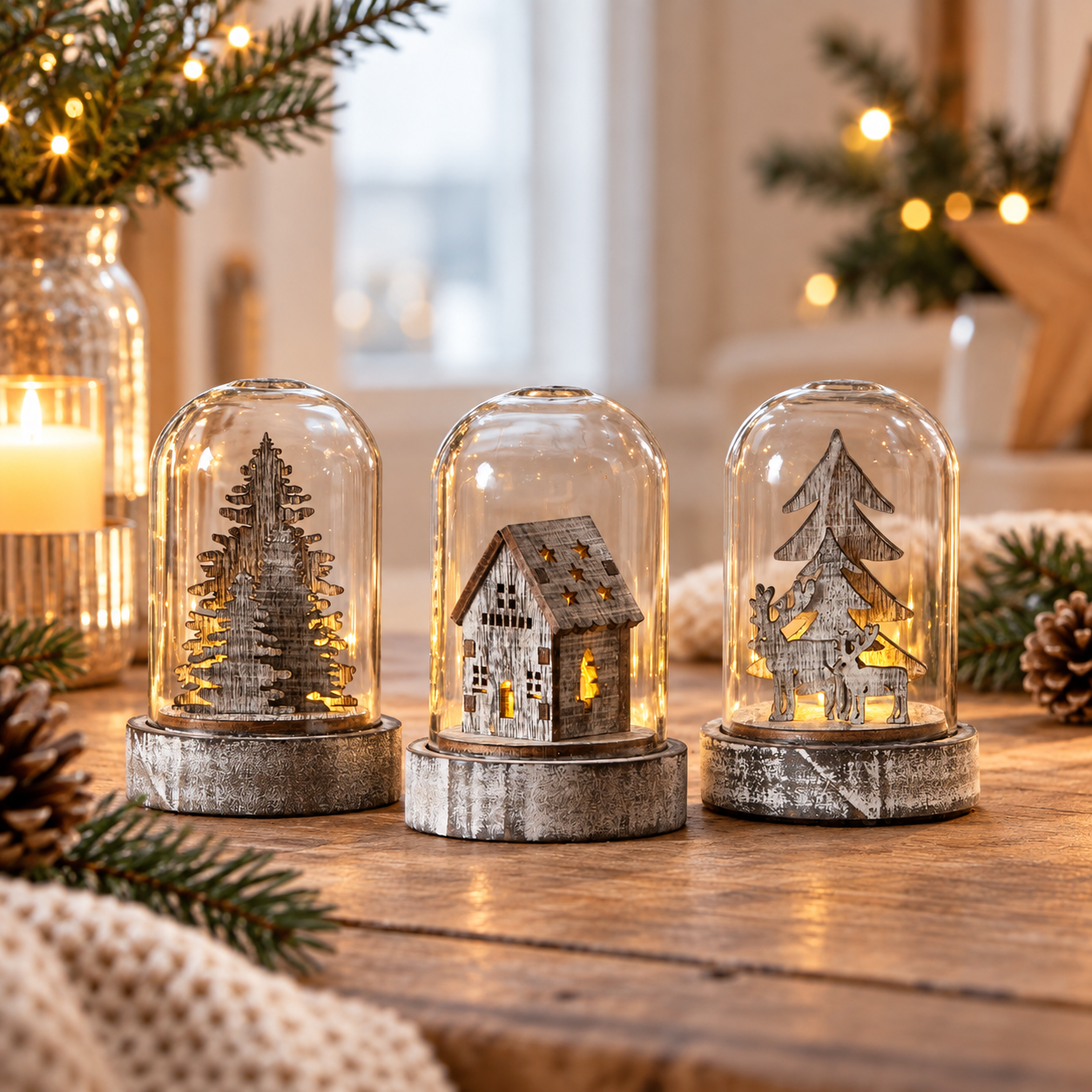 3er Set LED Lichtglocken 8,5 cm Haus Rentier Wald Weihnachtsdeko
