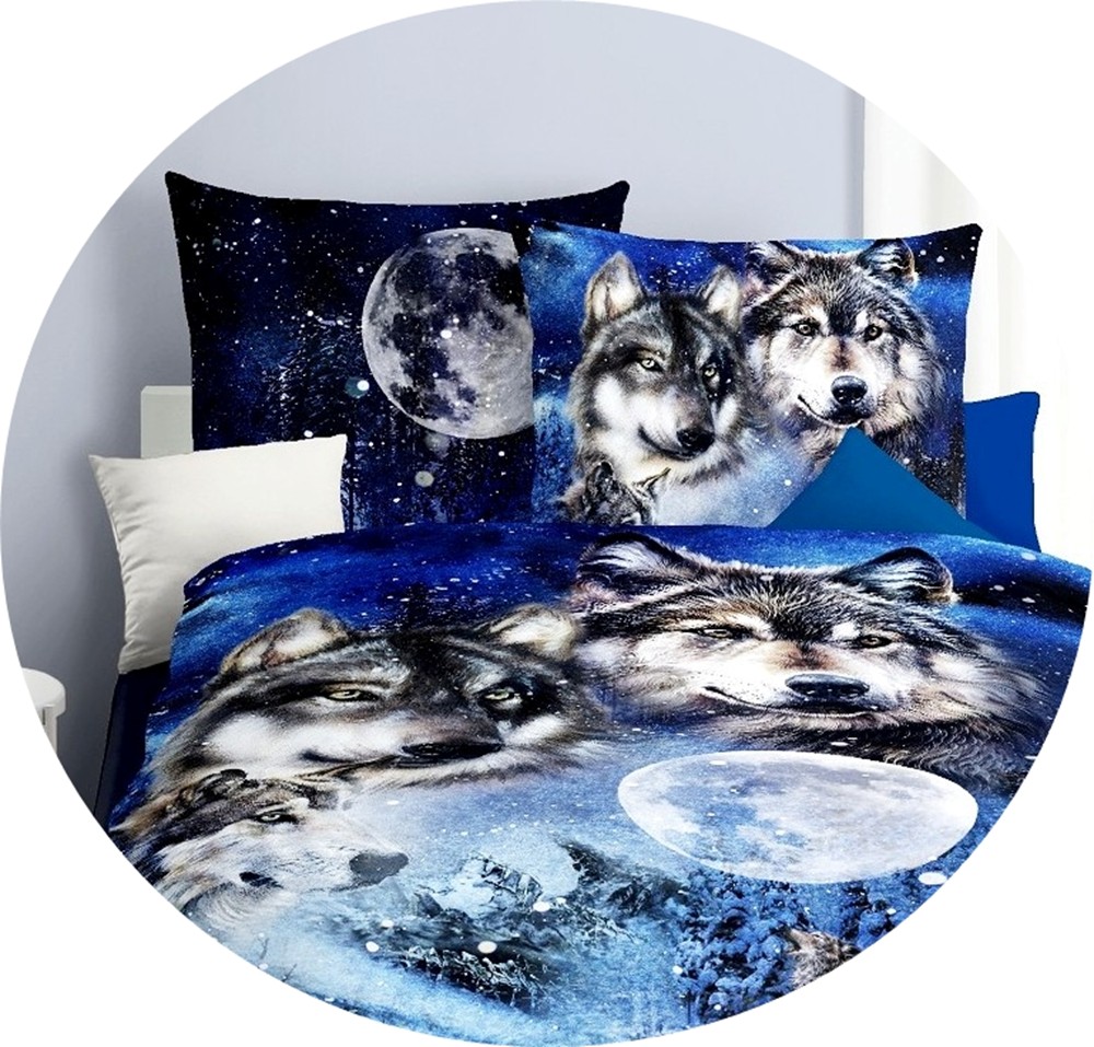 JACK by Kaeppel Mako Satin 4tlg. 135x200cm Digitaldruck Bettwäsche Wolf Nights Saphir Blau Anthrazit Grau Wölfe Mond