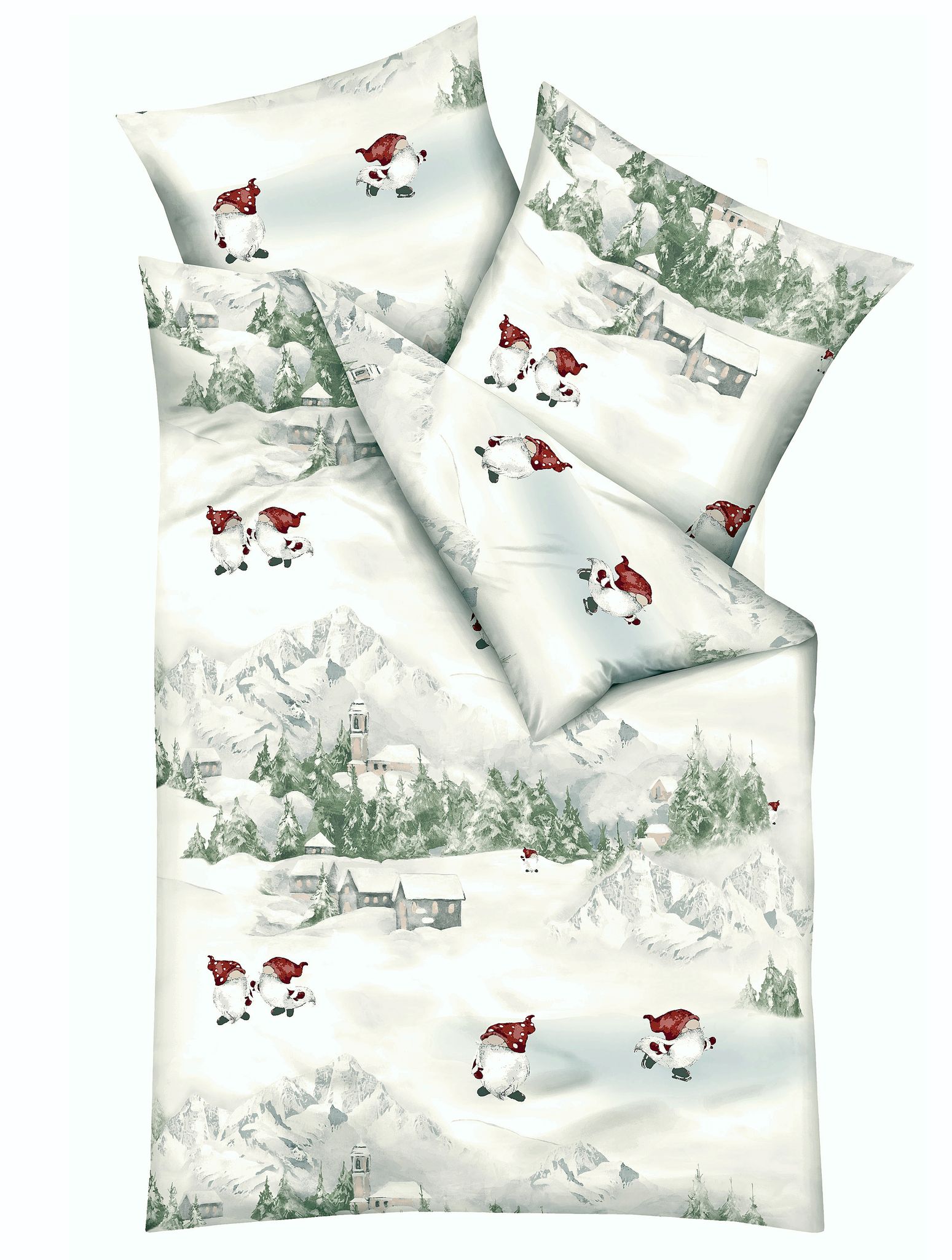 JACK by Kaeppel Fein Biber Bettwäsche 2 tlg. 135x200cm Schneewichtel Silber Berge Bäume Schnee Grün Weiß Rot