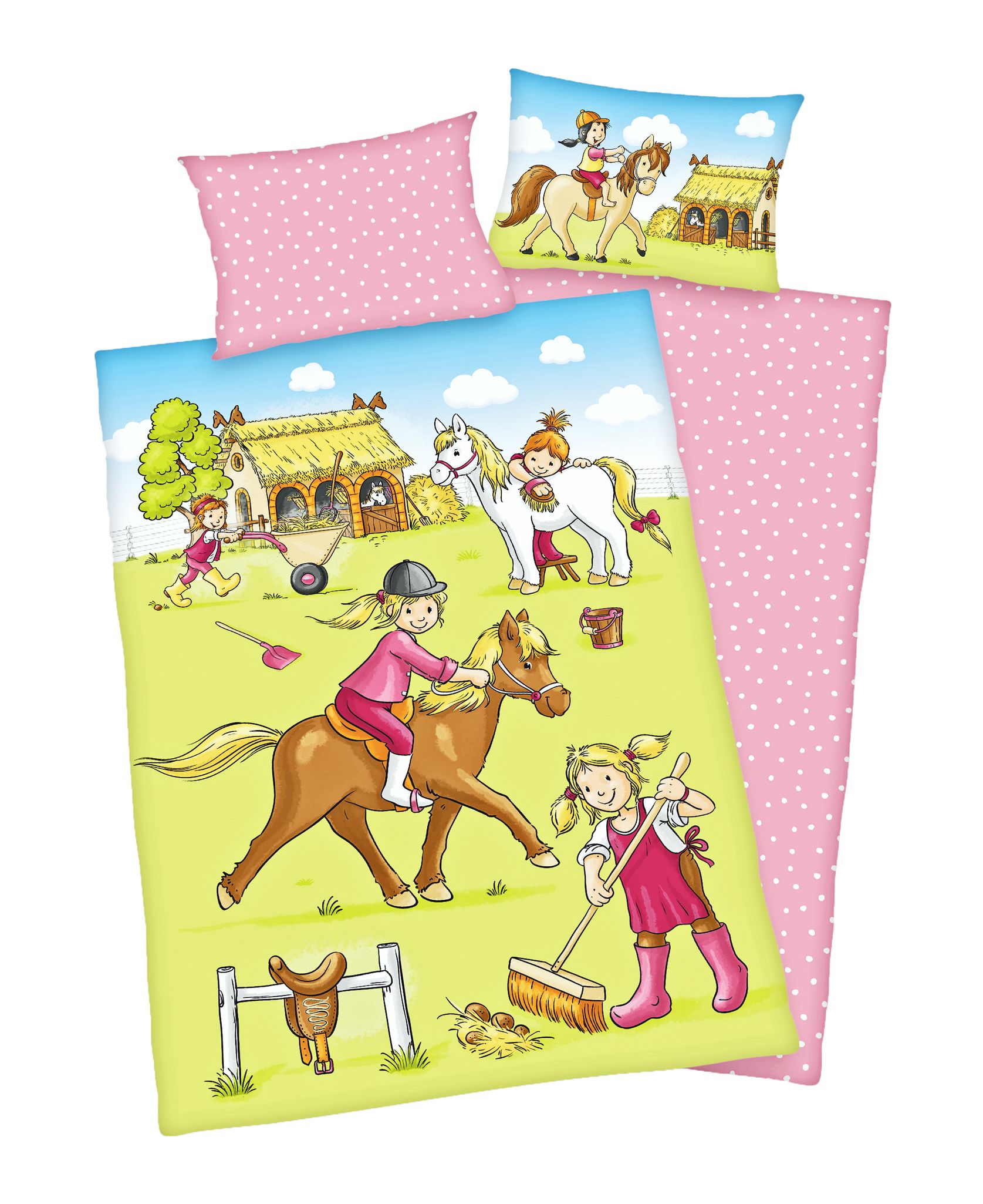 Herding Kinder Flanell Baby Wende BIO Bettwäsche 2 tlg. 100x135cm Ponyhof Pferde Rosa Punkte Bunt Knopfleiste
