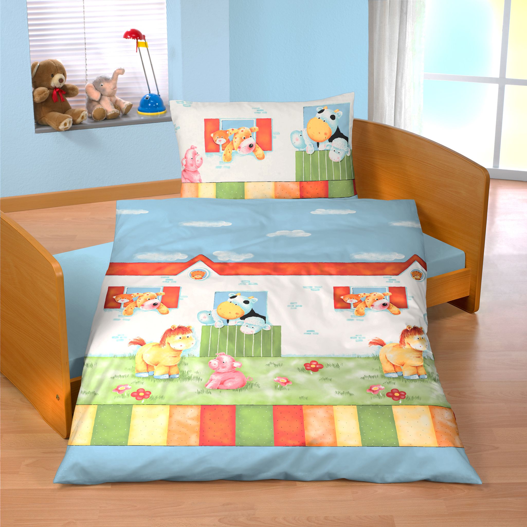 JACK Fein Biber Bettwäsche Baby 2 tlg. 100x135cm Hoftiere Bauernhof Bunt mit Reißverschluss