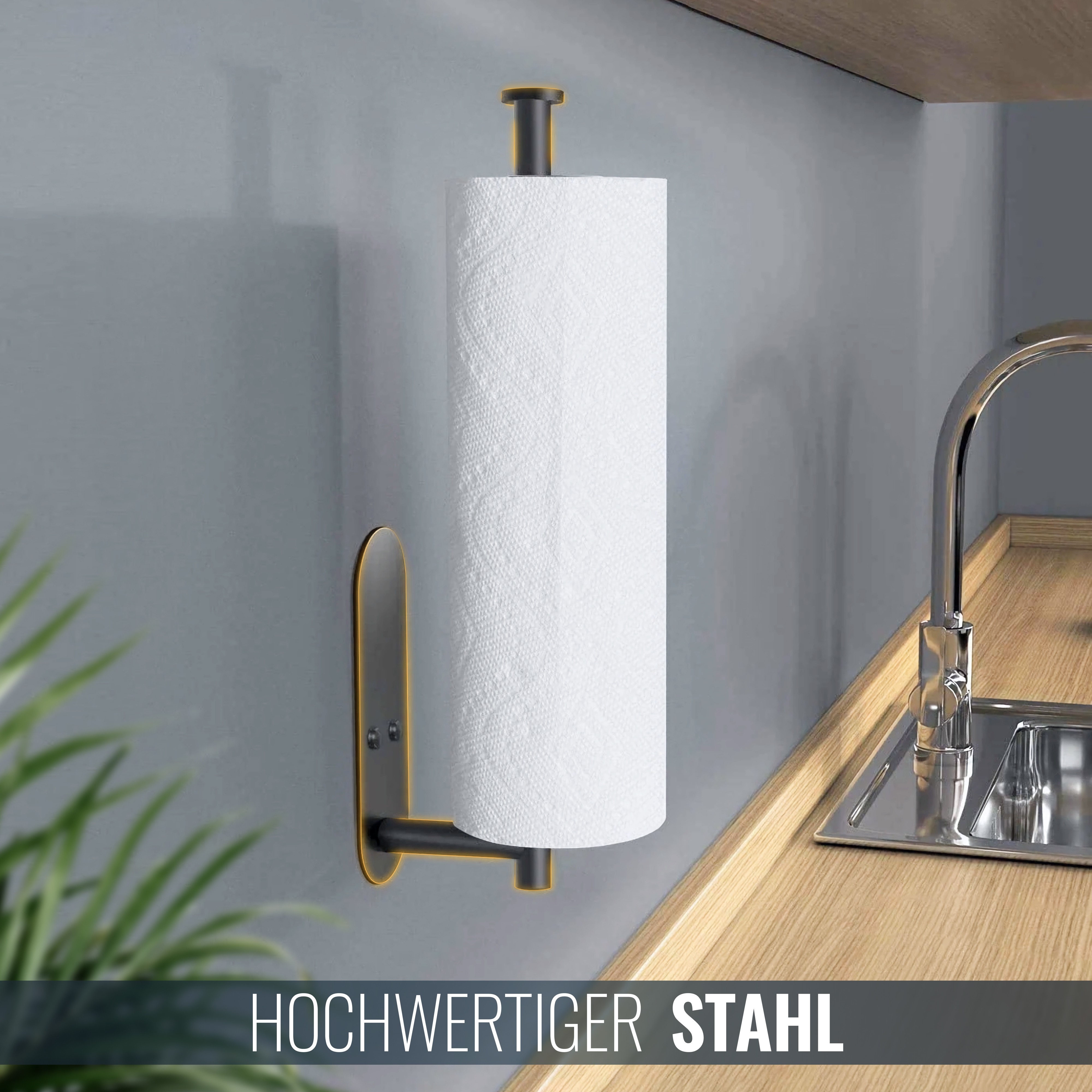 Küchenrollenhalter aus Stahl in Silber oder Schwarz selbstklebend Papierrollen Halter- Montage ohne Bohren