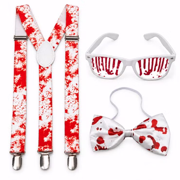 Halloween Set blutige Hosenträger Fliege Brille weiß Erwachsene Karneval