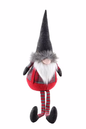 Gnom Wichtel Zwerg Deko Figur Winter Weihnachten sitzend Schlenkerbeine rot grau