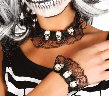 Totenkopf Set Halsband und Armband schwarz m Totenköpfen Halloween Film Karneval
