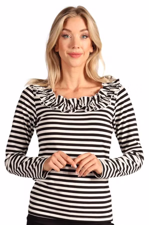 Ringelshirt mit Rüschen Damen schwarz weiß Harlekin Pierrot Karneval Kostüm