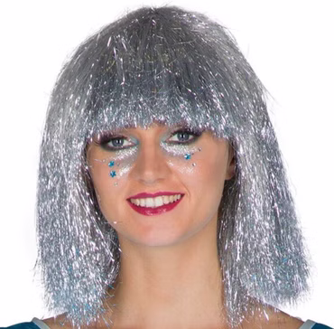 Flitter Perücke silber Disko Space Glitzer Lametta Tinsel Wig Karneval Fasching