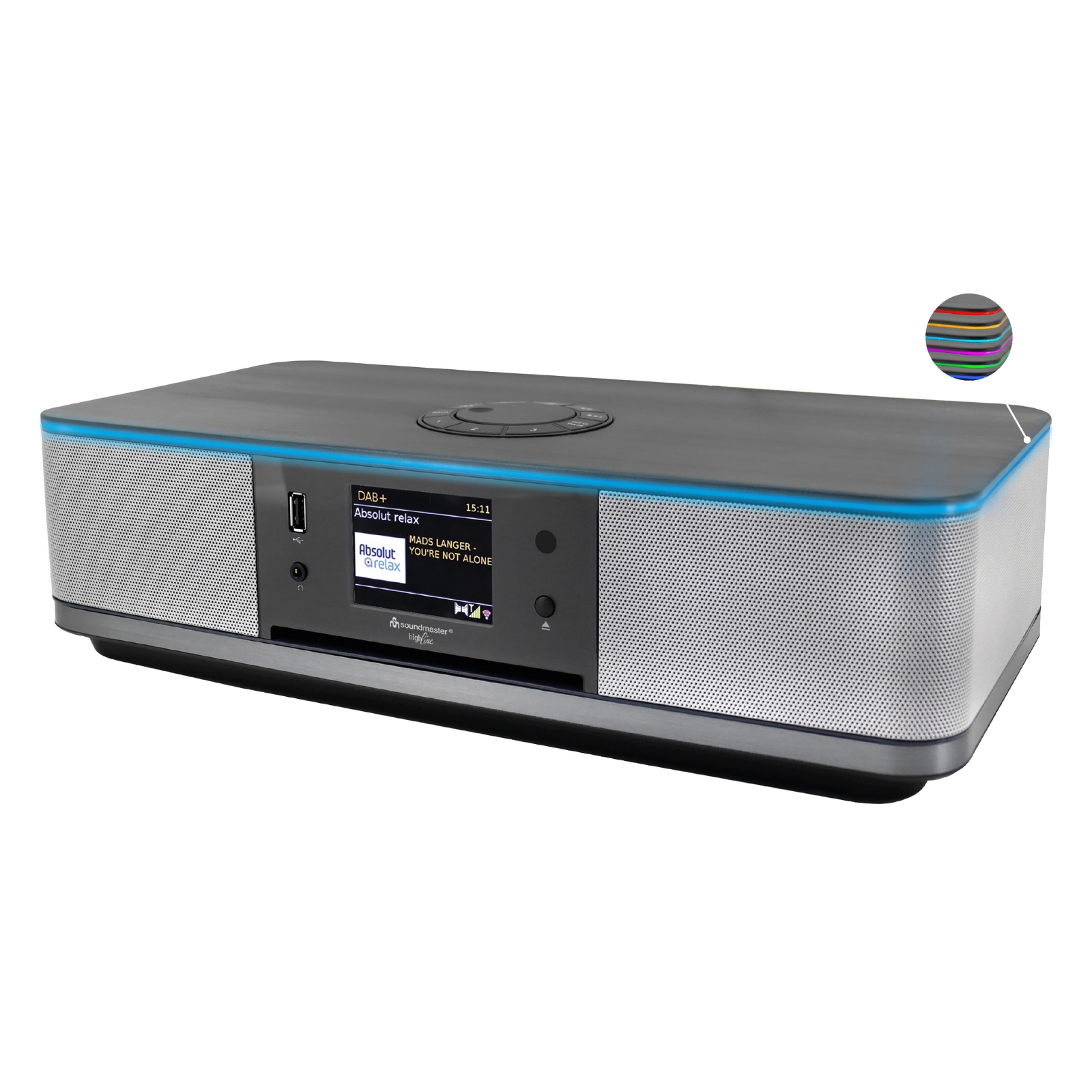soundmaster Icd2023sw internetradio frontal seitlich soundmaster Icd2023sw internetradio bild von vorne leicht seitlich mit led licht leiste