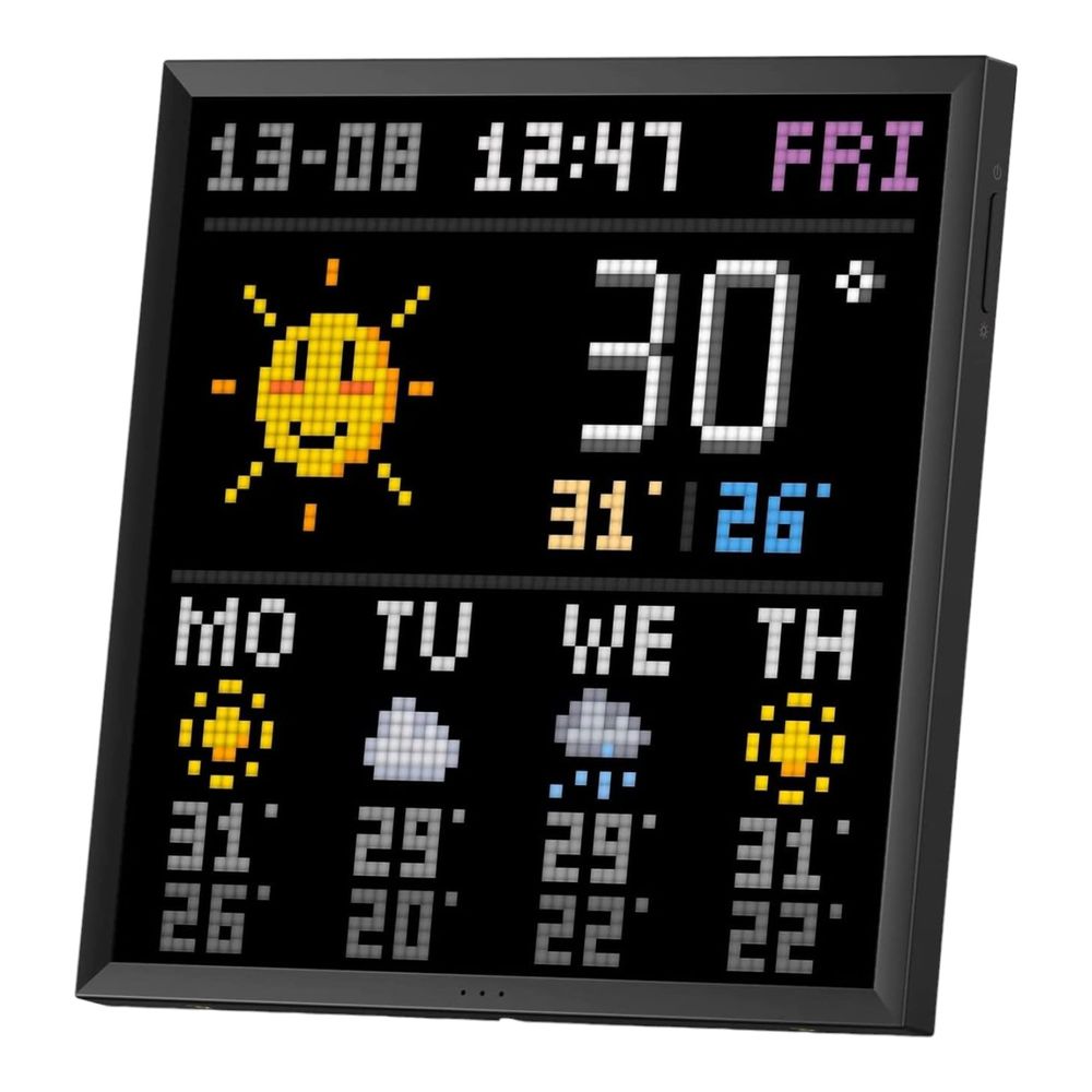 Divoom Pixoo 64 Vorderansicht mit leuchtender Pixel-Animation auf dem 64x64 LED-Display