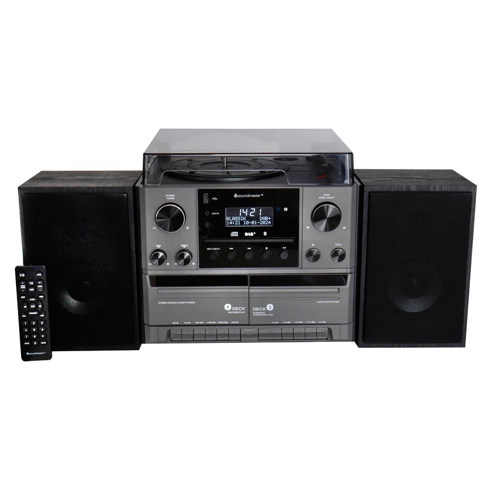 Soundmaster MCD5600 Stereoanlage mit Plattenspieler DAB+ Doppelkassette CD-Player USB MP3 Bluetooth Encoding Digitalisierung 75 Ohm Antennenanschluss