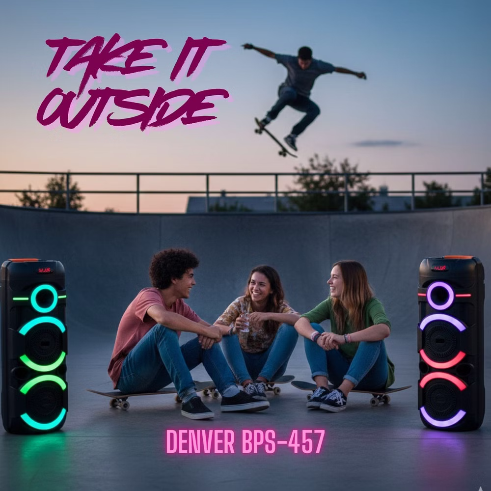 Denver BPS-457 – Leistungsstarker Bluetooth-Party-Lautsprecher mit LED-Lichteffekten, Akku & Mikrofon für Sound, Stimmung und mobile Events, 400W (40 RMS)