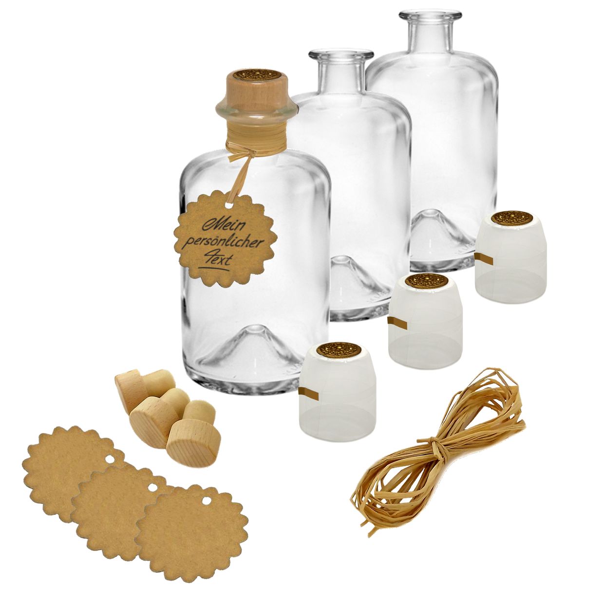 18x Apothekerflasche Glas Flaschen 500 ml Glas Geschenk Komplettset leer Anhänger Kapsel Siegel gold Korken Bast zum selbst befüllen