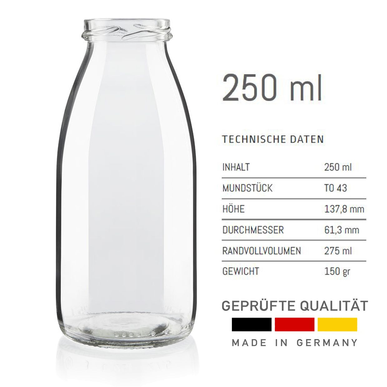 Milchflaschen 0,25L Smoothie Saft Flaschen 250ml leere Glasflaschen Deckel BPA frei