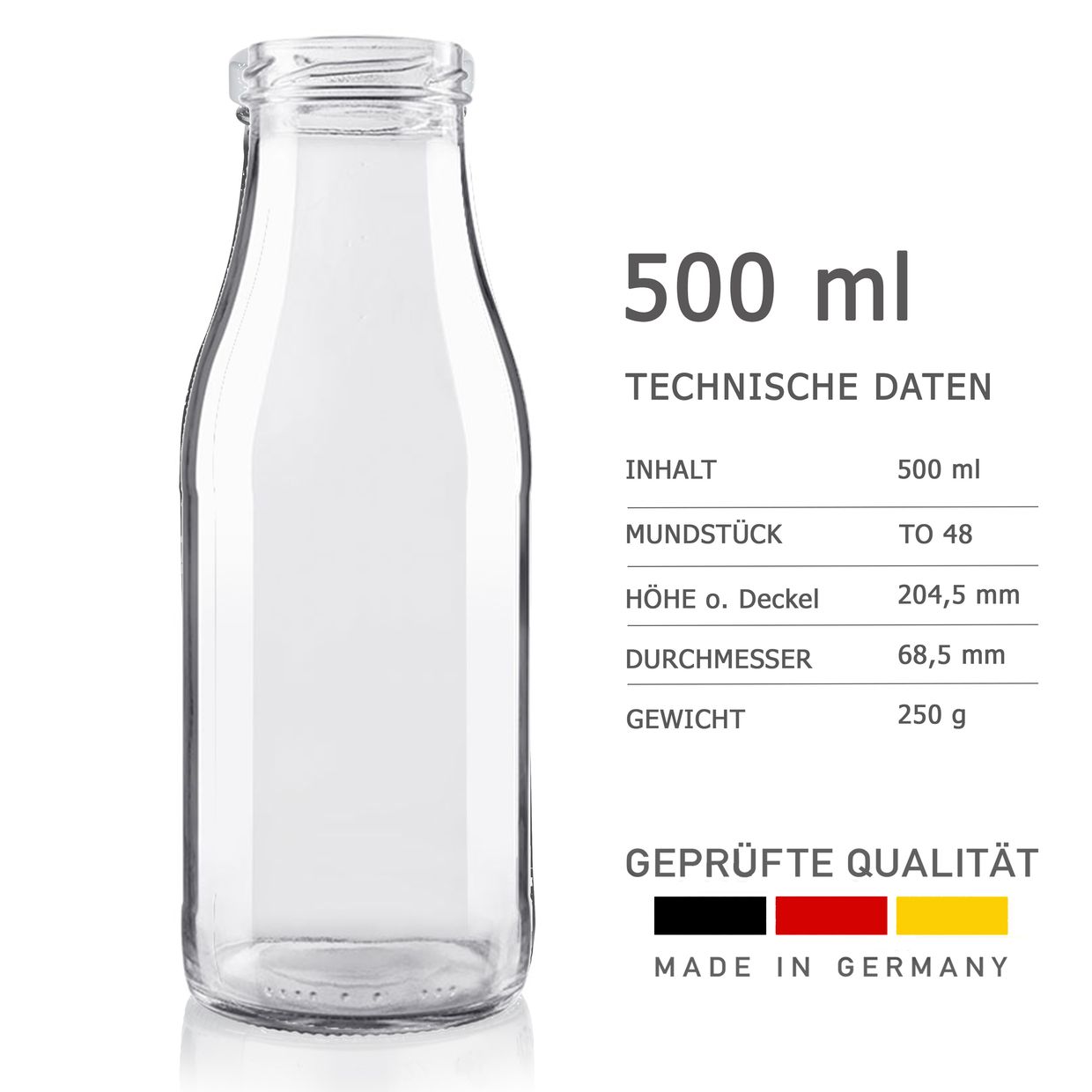 Milchflaschen 0,5L Saftflaschen 500ml leere Glasflaschen Weithalsflaschen Deckel BPA frei