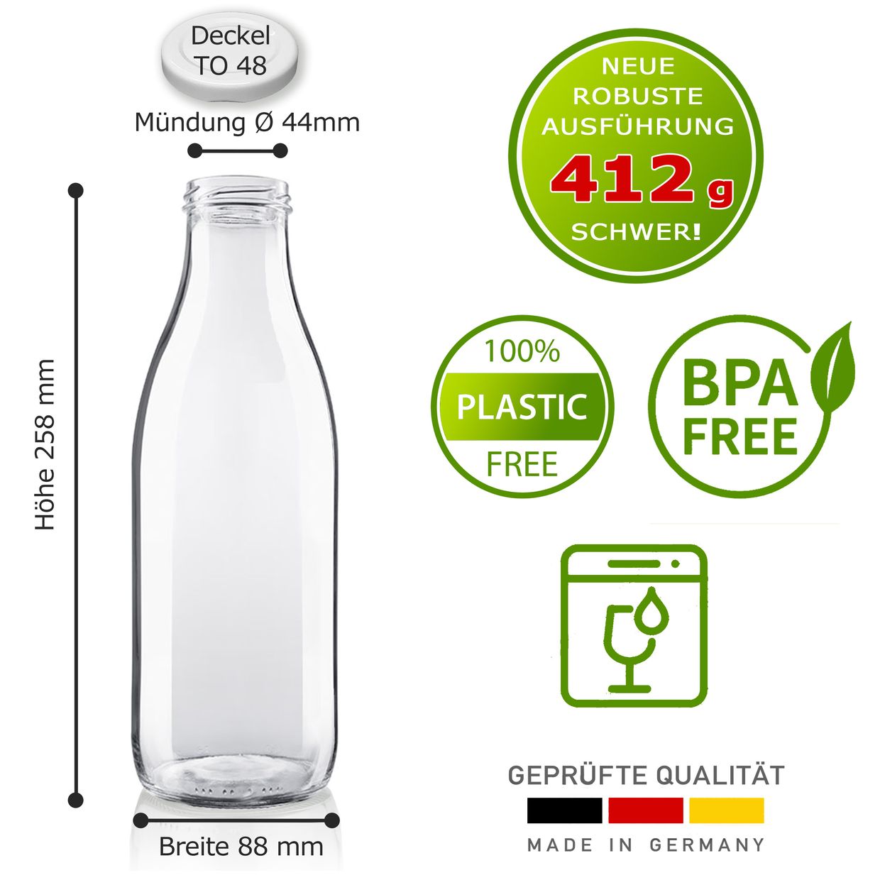 Milchflaschen 1L Saftflasche 1000ml leere Glasflaschen Flaschen mit Deckel BPA frei