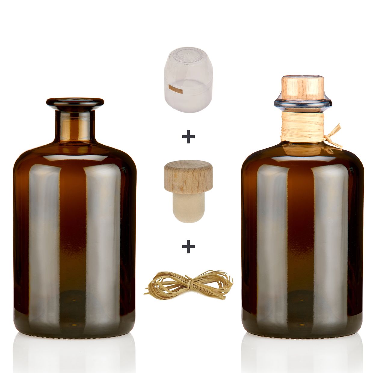 Apothekerflaschen 500ml braun leer Profiset mit edlen Echtholzkorken natur, Kapseln & Bast Band Braunglas Flaschen 0,5L