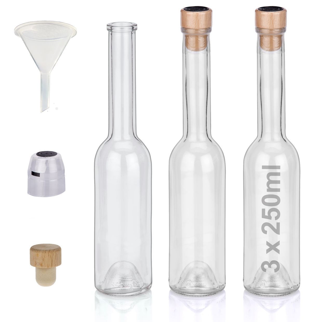 Flaschen Set 250ml hochwertige Glasflaschen leer mit Korken Schrumpfkapseln & 1 Trichter zum selbst Befüllen mit Gin Whisky Schnaps Likör Essig Öl günstige Flaschen Ginflaschen Whiskyflaschen