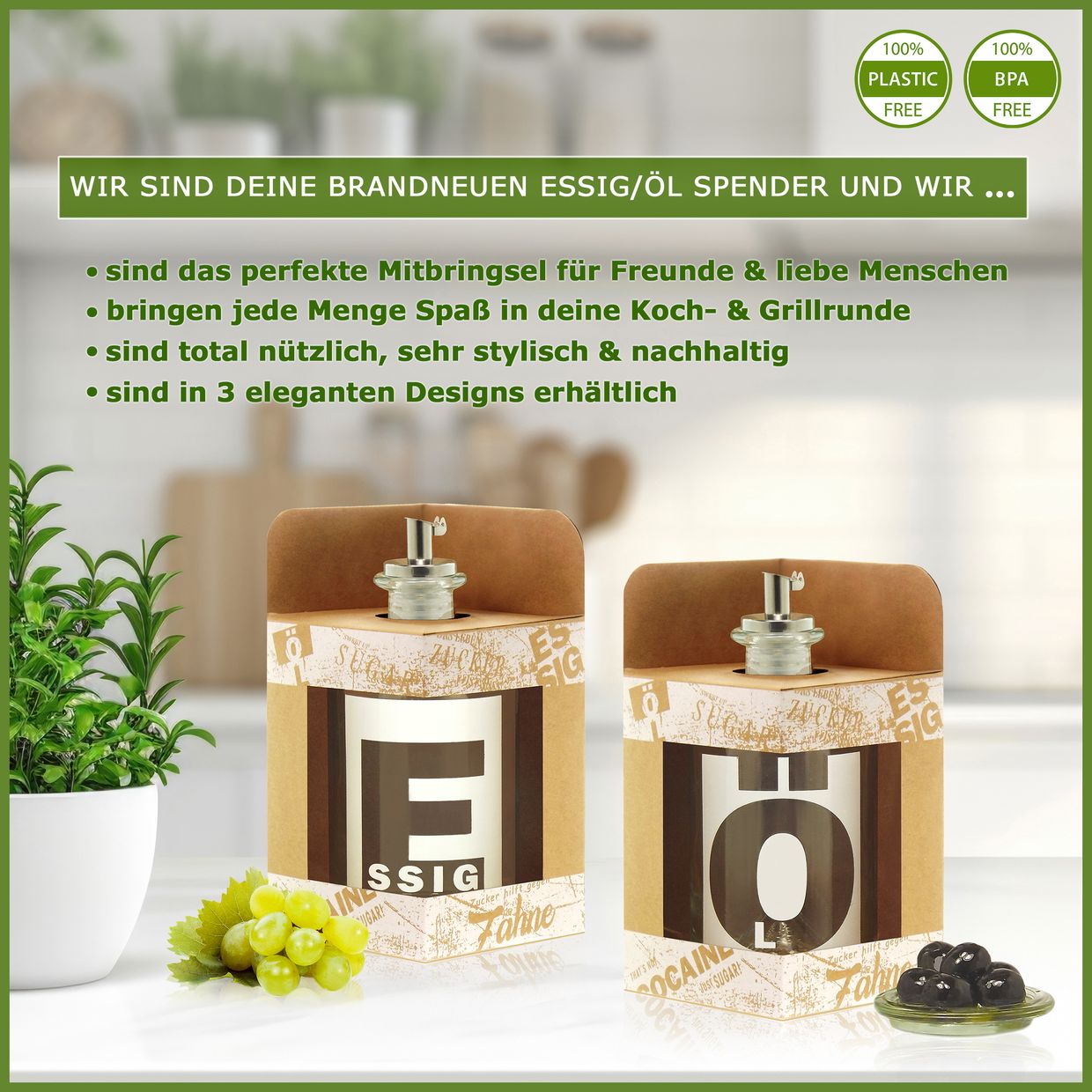 Essig / Öl Flasche leer aus Glas mit Geschenkbox & Edelstahl Ausgiesser