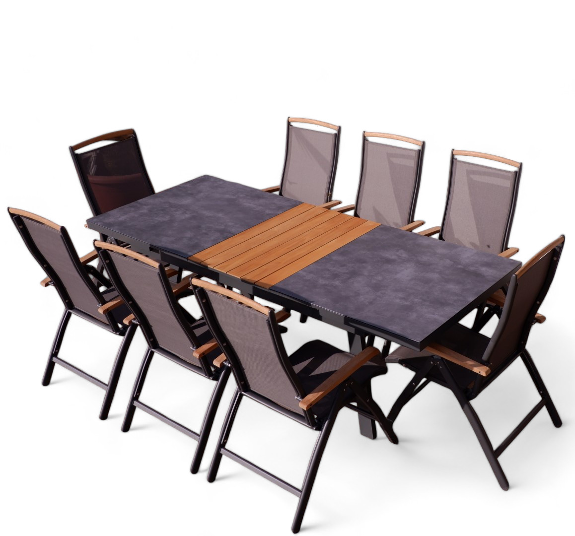 Gartengarnitur Aluminium TEAK Set mit Ausziehtisch 90x180cm auf 240cm ausziehbar + 8 Hochlehner Serie Trinidad