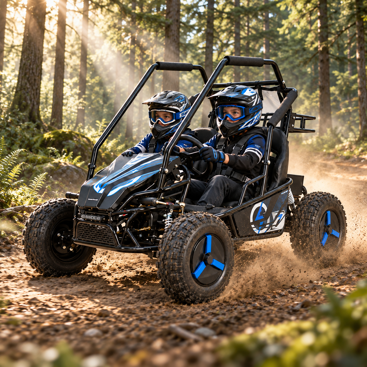 Blauer Kinderbuggy als Zweisitzer mit zwei Kindern, Helmen und Sicherheitsgurten auf einem Waldweg