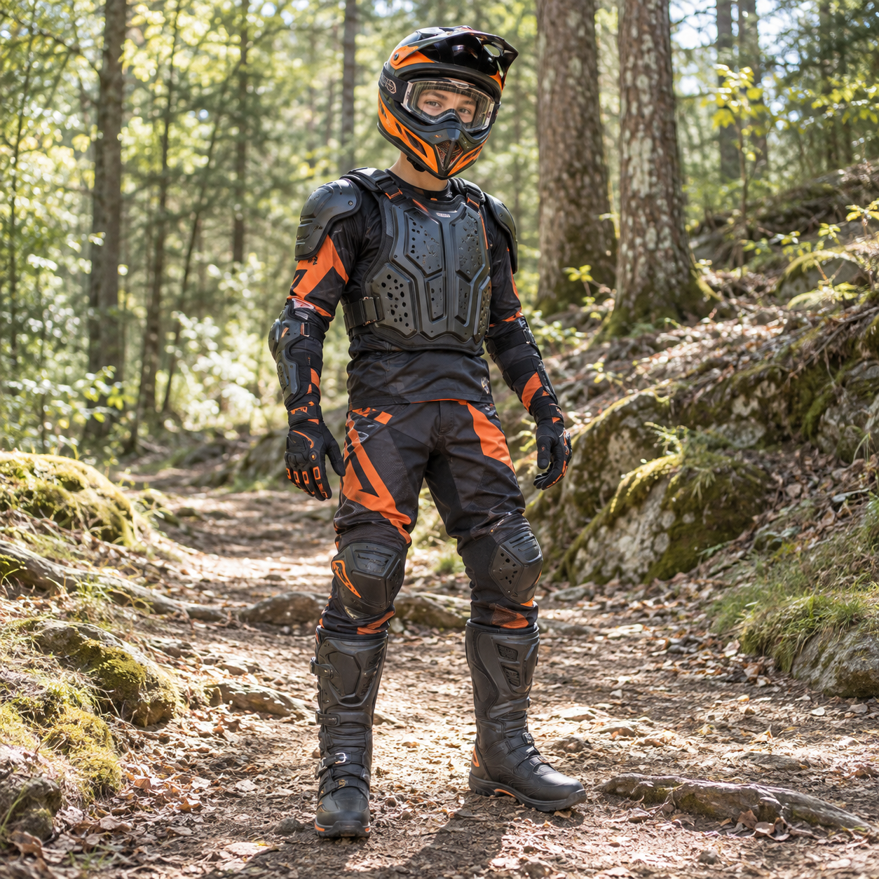 Jugendlicher in voller Motocross-Schutzausrüstung mit Helm, Crossbrille, Handschuhen, Protektoren und Stiefeln