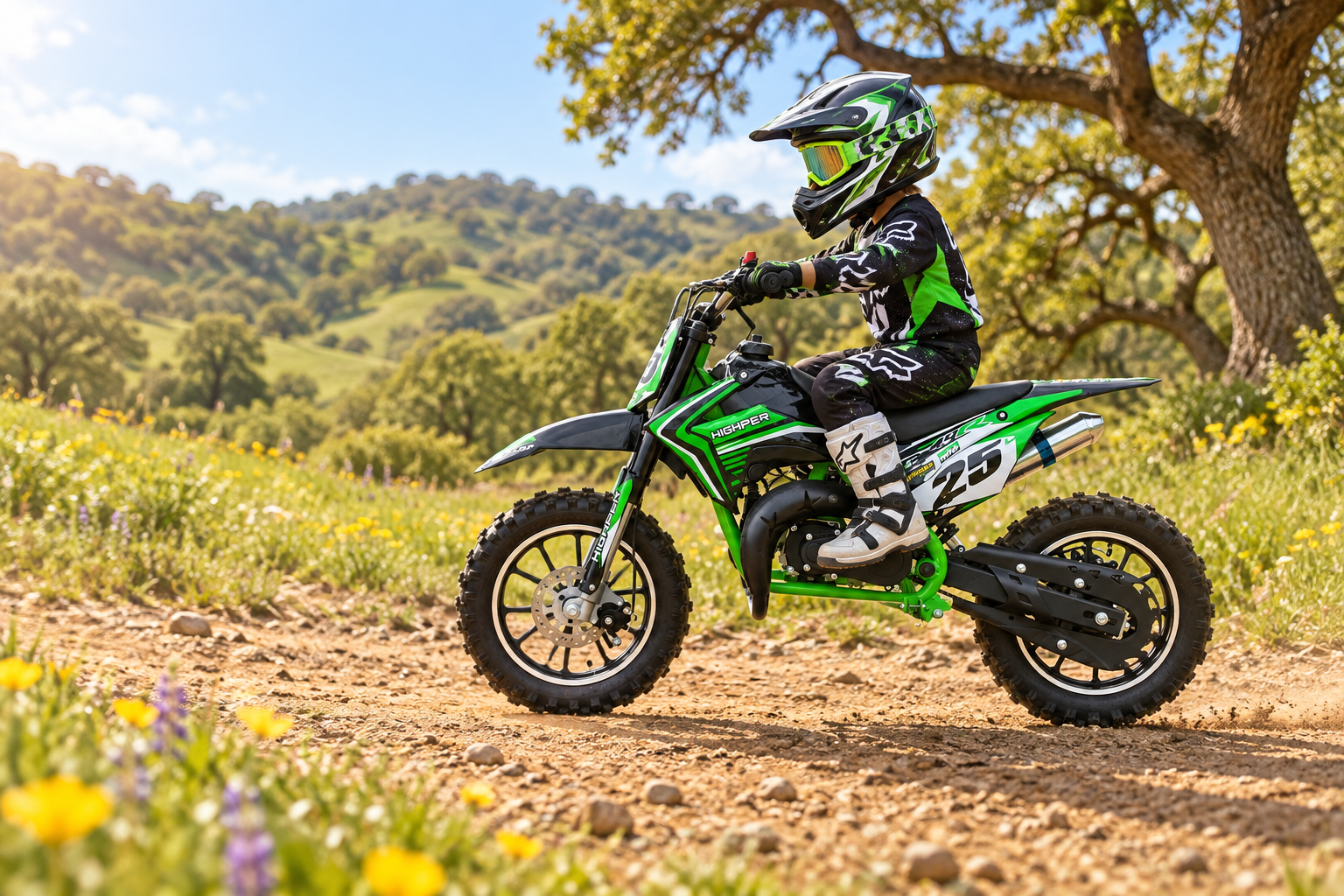 HIGHPER 49-R Dirtbike 50 ccm mit Fahrer und Schutzausrüstung bei einer Ausfahrt