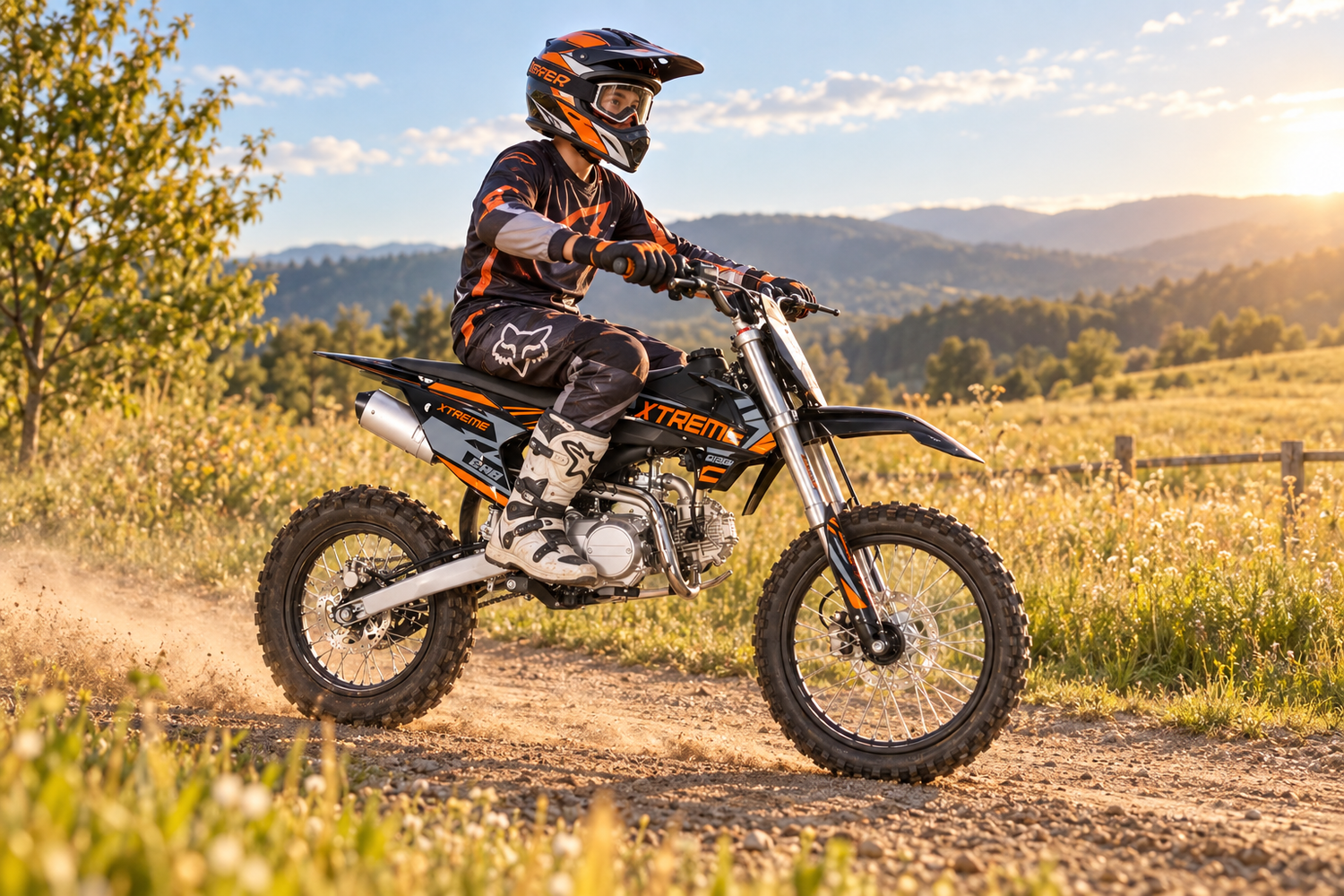 HIGHPER DB608 · Pitbike 125 ccm · 17/14 Zoll mit Fahrer und Schutzausrüstung im Gelände