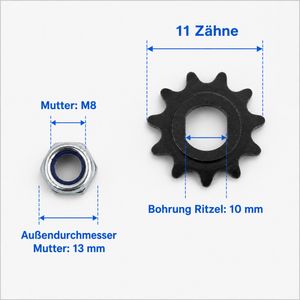 Motorritzel 11 Zähne für 25H-Kette mit M8-Mutter, Studioansicht 2