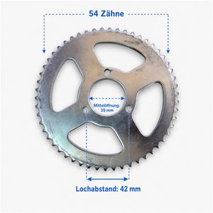 Kettenrad 54 Zähne mit 35 mm Mittelöffnung für 50 ccm Kinderquad – Abmessungen Kettenrad 54 Zähne mit 35 mm Mittelöffnung für 50 ccm Kinderquad, technische Abmessungen