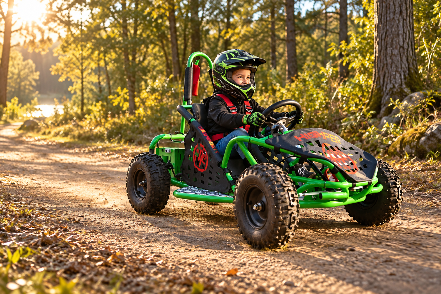 Black Mamba 80 ccm · Gokart mit Benzinmotor mit Fahrer und Schutzausrüstung im Gelände