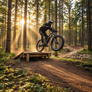 E-Fatbike Sport 750 W mit 48 V / 17,5 Ah – Fahrszene auf einem Waldtrail