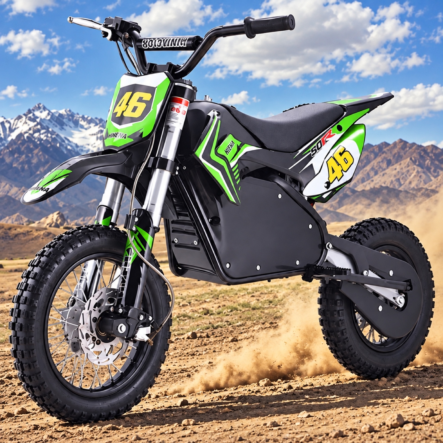 Highper Elektro-Dirtbike für Kinder, 1200W und 48V, Grün: in einer Berglandschaft mit Staubspur.