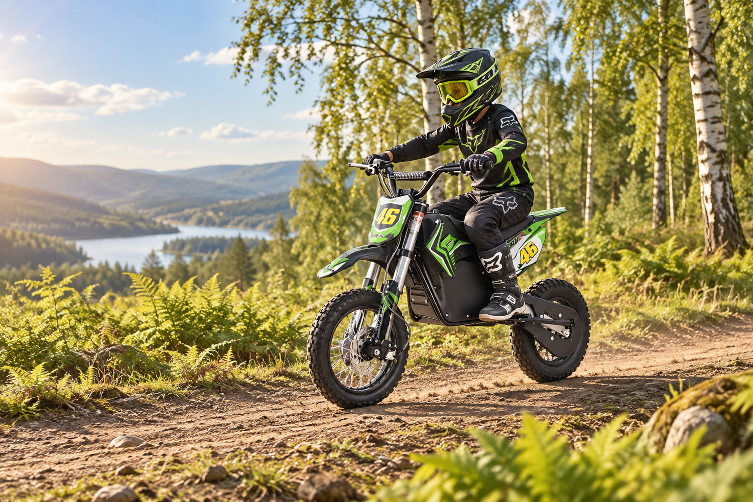 Elektro-Dirtbike 1200 W · 48 V · 14/12 Zoll mit Fahrer und Schutzausrüstung im Gelände