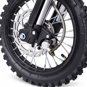 Highper Elektro-Dirtbike für Kinder, 1200W und 48V, Grün: mit Nahaufnahme der vorderen Scheibenbremse.