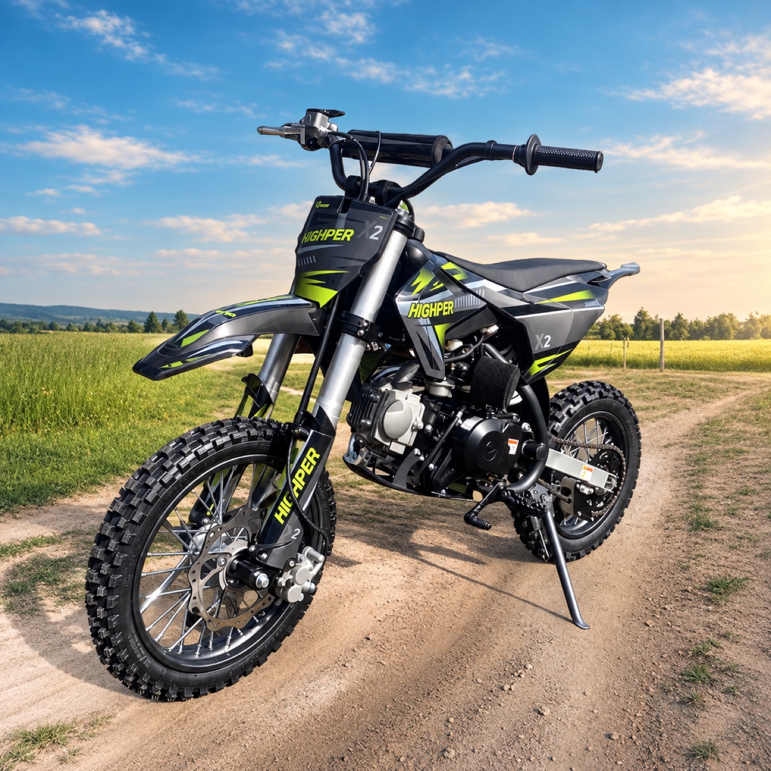 Grünes Highper DB606 Dirtbike mit 110 ccm auf einem Feldweg