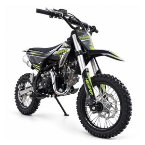 Highper DB606 Kinder-Dirtbike in Schwarz/Grün: Schrägansicht vorne rechts aus niedriger Perspektive.