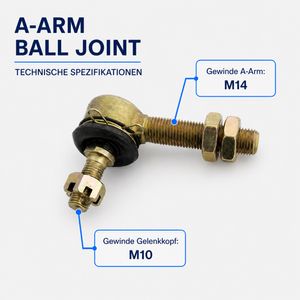 A-Arm-Kugelgelenk mit Sturzverstellung M14 / M10 – Abmessungen A-Arm-Kugelgelenk mit Sturzverstellung M14 / M10, technische Abmessungen