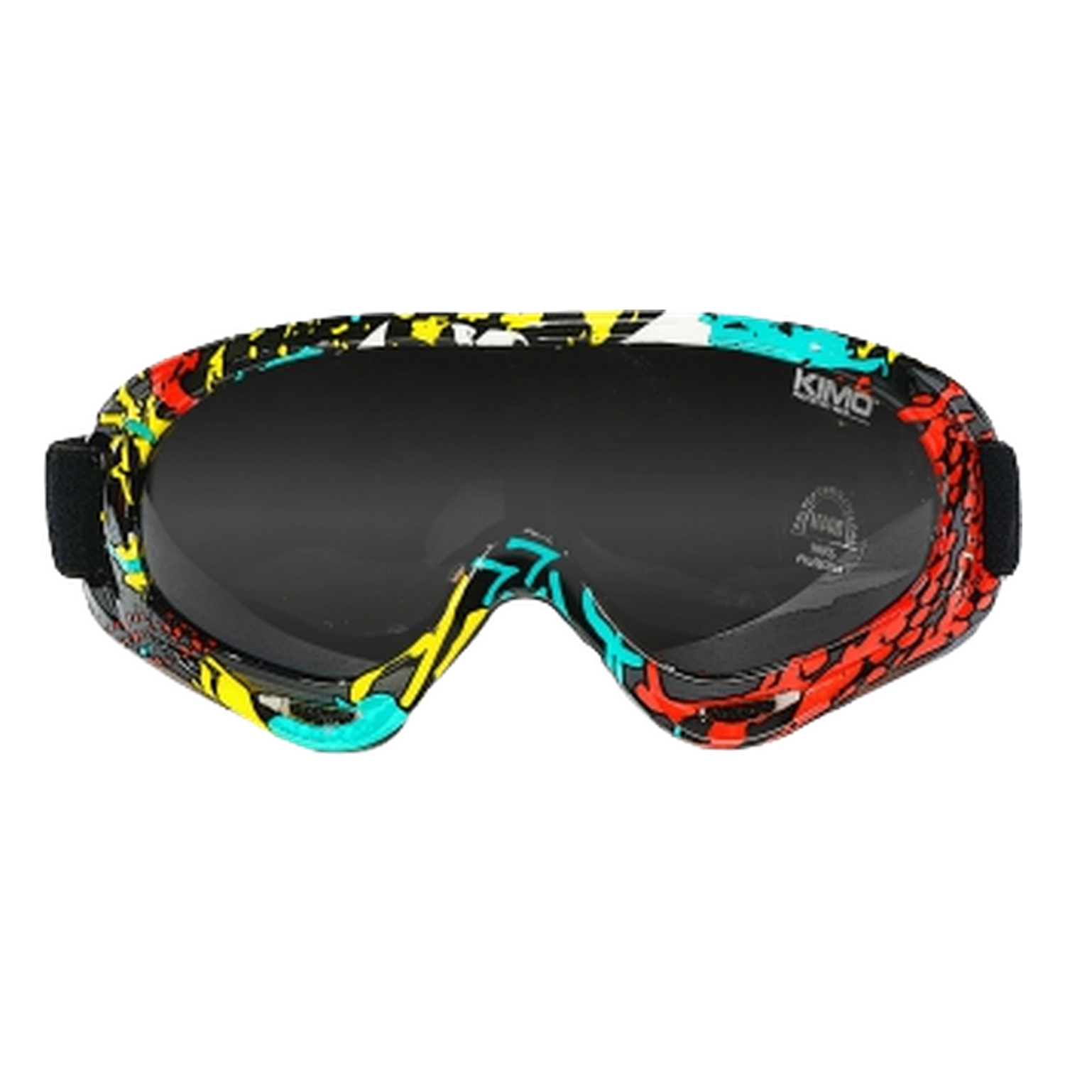 KIMO Kinder-Crossbrille mit buntem Dekor und dunkler Scheibe, Frontansicht auf weißem Hintergrund