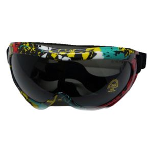 KIMO Kinder-Crossbrille Bunt – Ansicht von oben KIMO Kinder-Crossbrille mit buntem Dekor und dunkler Scheibe, Ansicht von oben auf weißem Hintergrund