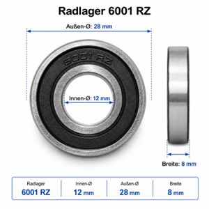 Radlager 6001 RZ 12 × 28 × 8 mm - Abmessungen Radlager 6001 RZ mit Maßpfeilen: Innen-Ø 12 mm, Außen-Ø 28 mm, Breite 8 mm