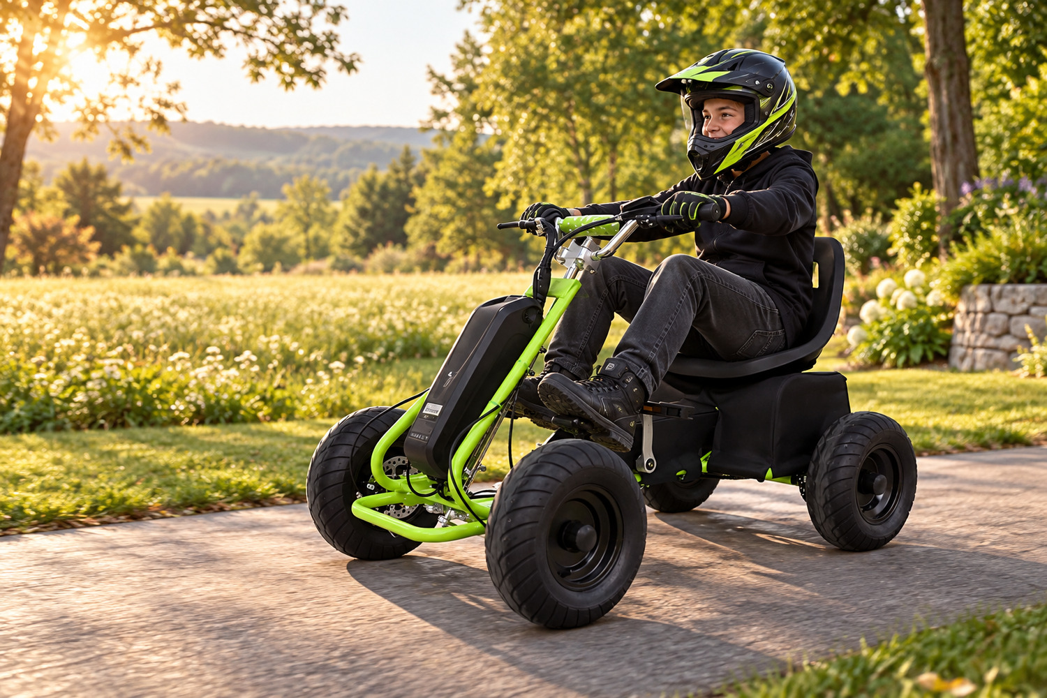 Power Pedal E-GoKart 250 W mit Fahrer und Schutzausrüstung im Gelände
