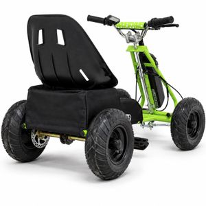 Elektrisches Pedal-Gokart 250W 36V – Grün, Hintere Schrägansicht der Gegenseite Elektrisches Pedal-Gokart mit 250W-Pedelec-Antrieb und 36V-Akku in Grün von der anderen Hinterseite mit Hinterrädern und sichtbarer Bremsscheibe.