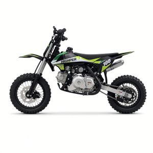 70ccm Kinder-Cross-Motorrad in Grün, Seitenansicht links vor weißem Hintergrund.