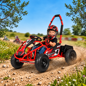Kinderbuggy Gokart elektrisch 1000W 48V Rot – Action mit Fahrer Roter Elektro-Kinderbuggy Gokart 1000W 48V mit Fahrer auf einer Outdoor-Strecke