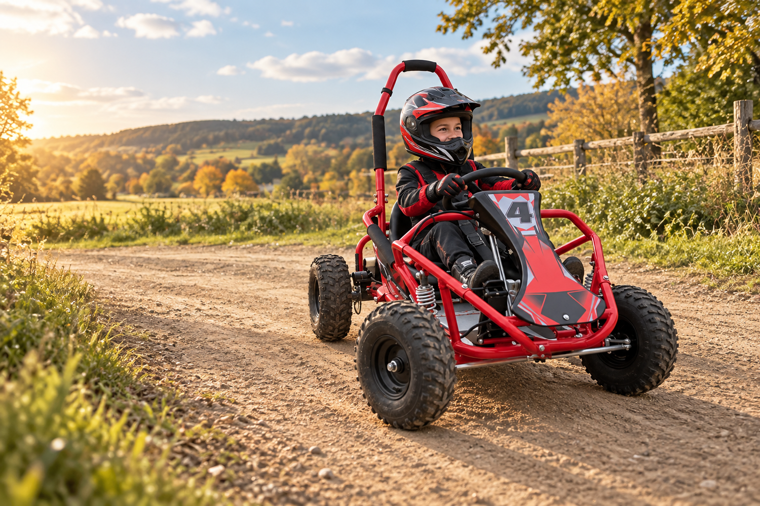 Black Mamba 98 ccm · Gokart mit Benzinmotor mit Fahrer und Schutzausrüstung im Gelände